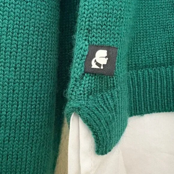 Karl Lagerfeld Paris Layered Essentials - Green Wool Blend Holiday Sweater Sz L - Picture 6 of 14